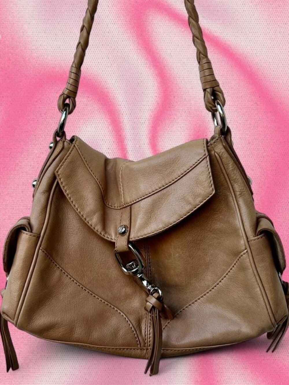 Vintage Y2K Francesco Biasa Tan Leather Shoulder Bag with Braided Strap